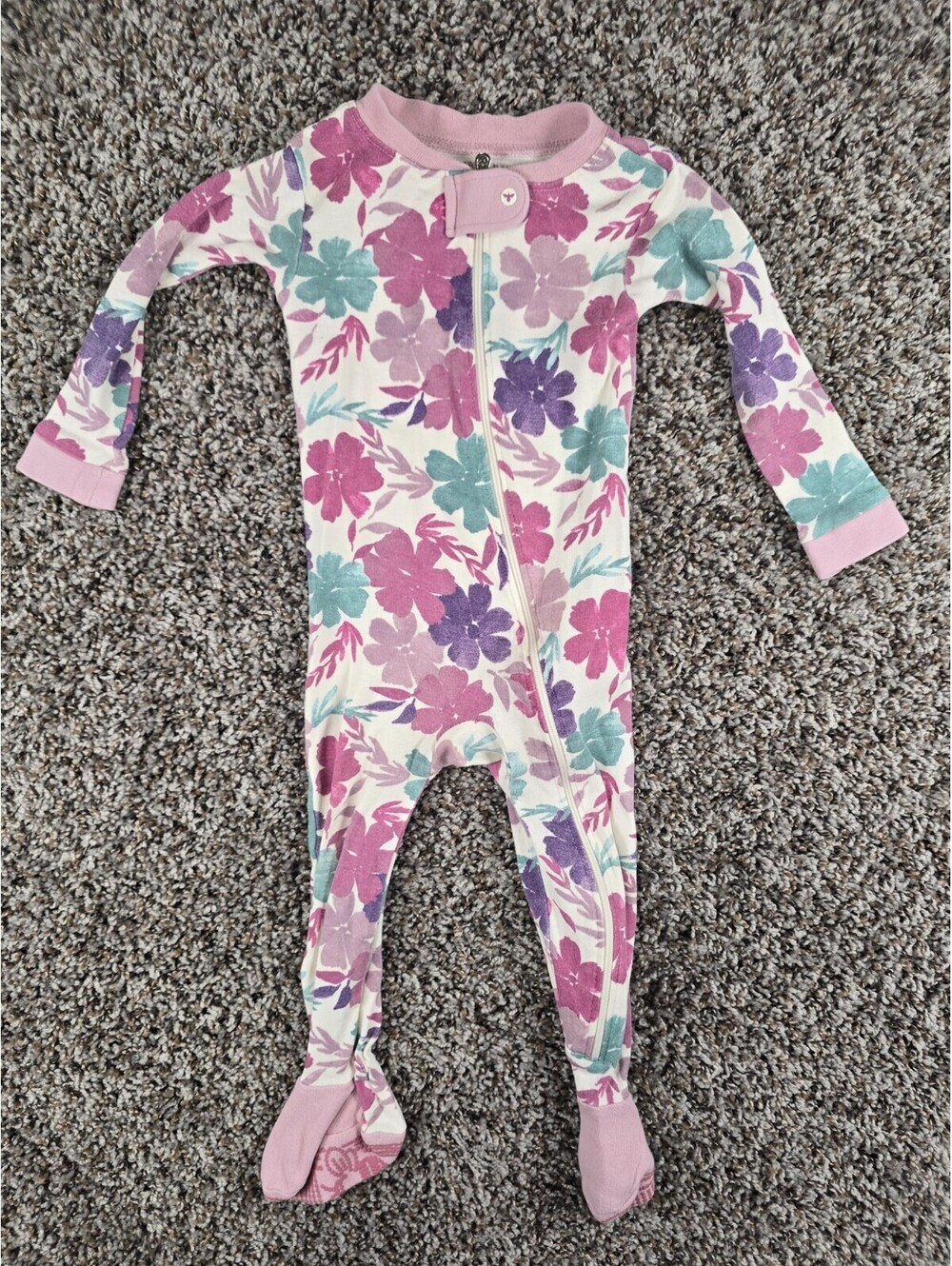 Burts Bees Baby Girl 12 Months Organic Purple Floral Footed Zip Pajamas